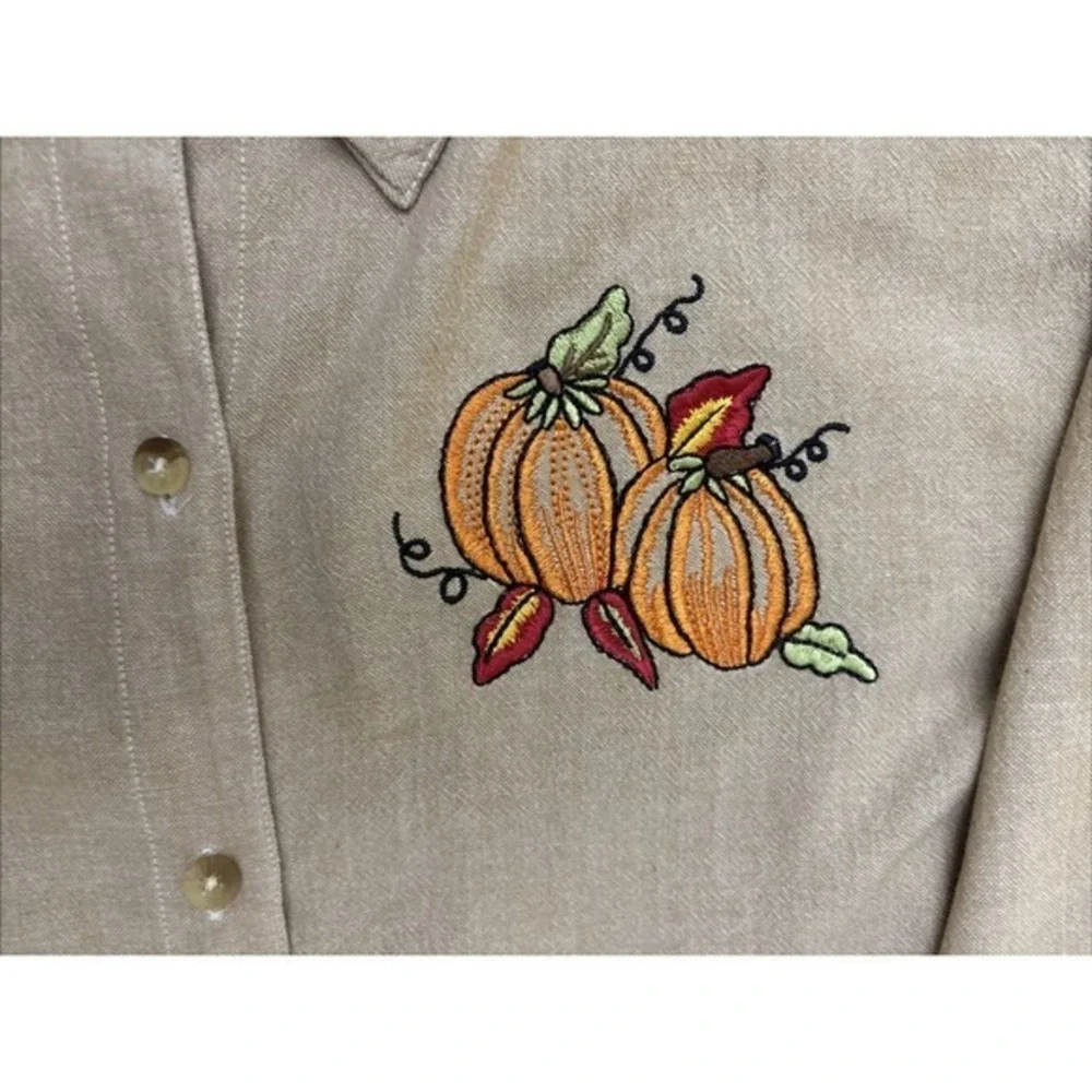 Country Store Women's Tan Button Up‎ Shirt Embroidered Pumpkins Fall Size 2X